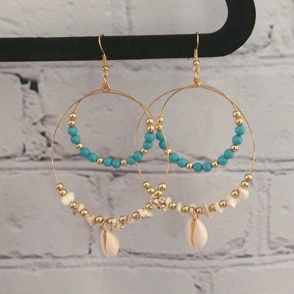 Gold Double Hoop Coral & Turquoise Shell Earrings